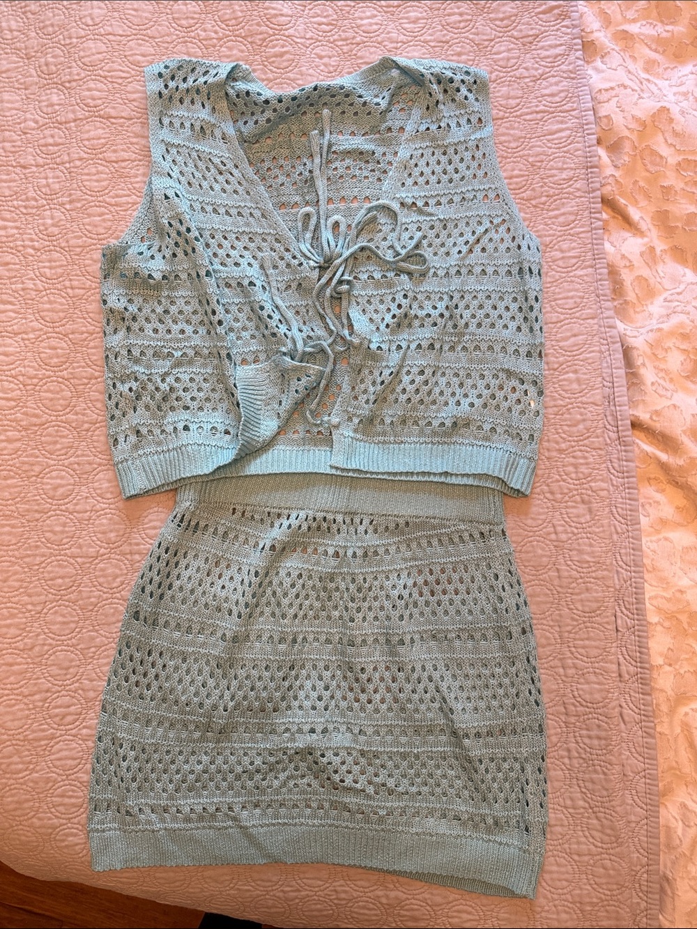 Light Blue Crochet Two-Piece Dress Swim Cover Up
